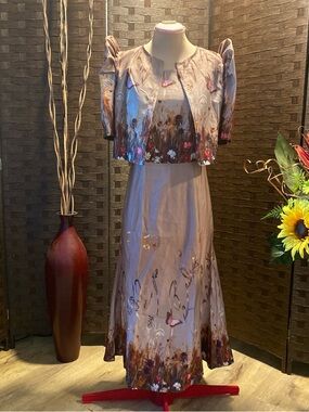 Taupe Floral Filipiniana Midi Skirt w/ Matching Bolero Jacket Fits S to L